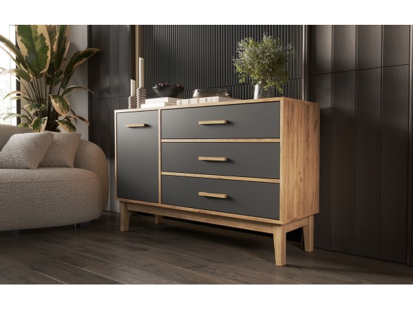 Кельн Комод 1 дверь 3 ящика 1200 Графит, Дуб Крафт