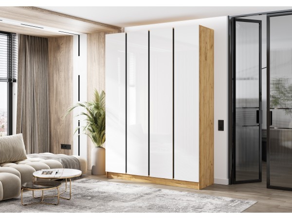 Келвин Шкаф 4-створчатый 1600 Белый Глянец, Дуб Крафт вставка чёрная