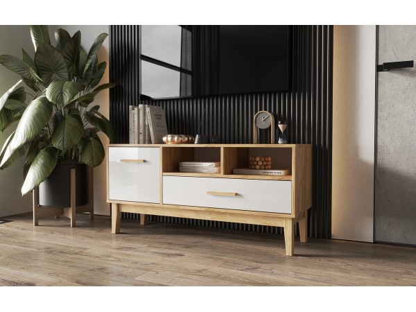 Кельн Тумба ТВ 1200 Белый Глянец, Дуб Крафт