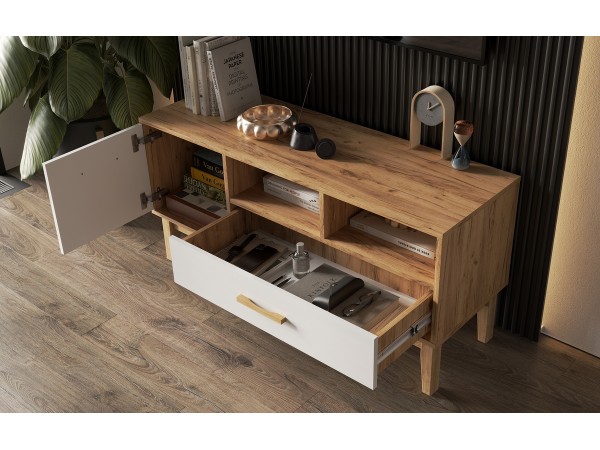 Кельн Тумба ТВ 1200 Белый Глянец, Дуб Крафт