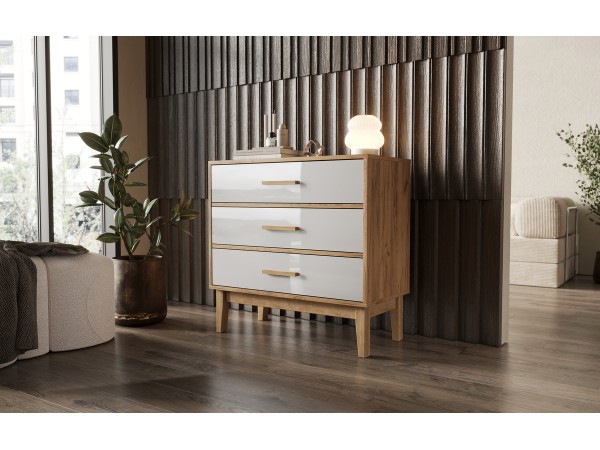 Кельн Комод 3 ящика 800 Белый Глянец, Дуб Крафт