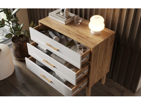 Кельн Комод 3 ящика 800 Белый Глянец, Дуб Крафт