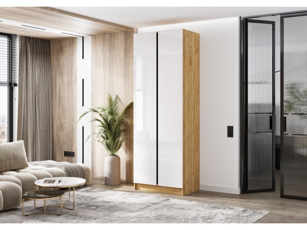 Келвин Шкаф 2-створчатый 800 Белый Глянец, Дуб Крафт вставка чёрная