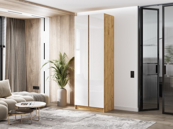 Келвин Шкаф 2-створчатый 800 Белый Глянец, Дуб Крафт вставка крафт