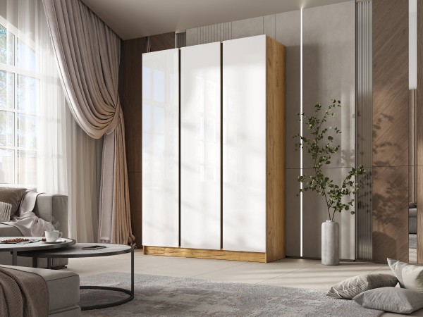 Келвин Шкаф 3-створчатый 1500 Белый Глянец, Дуб Крафт вставка чёрная