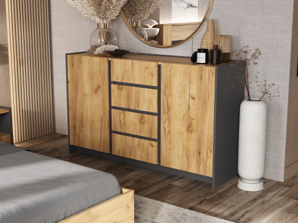 Остин Комод 1400 2 двери 4 ящика Дуб крафт, Графит