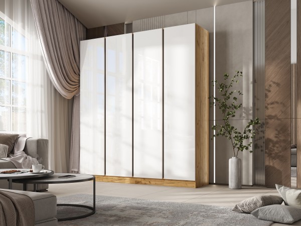 Келвин Шкаф 4-створчатый 2000 Белый Глянец, Дуб Крафт вставка чёрная