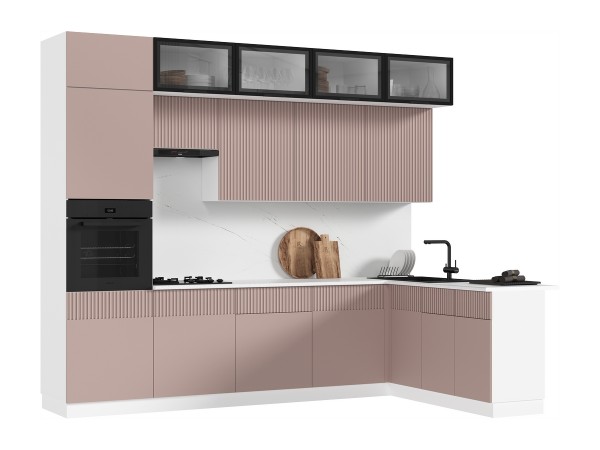 Кухня Оливия 3,0х1,8/1080м 490 Компоновка №1 Шарли Pink, Белый, Антарес