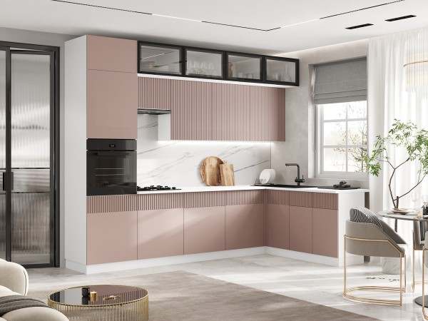 Кухня Оливия 3,0х1,8/1080м 490 Компоновка №1 Шарли Pink, Белый, Антарес