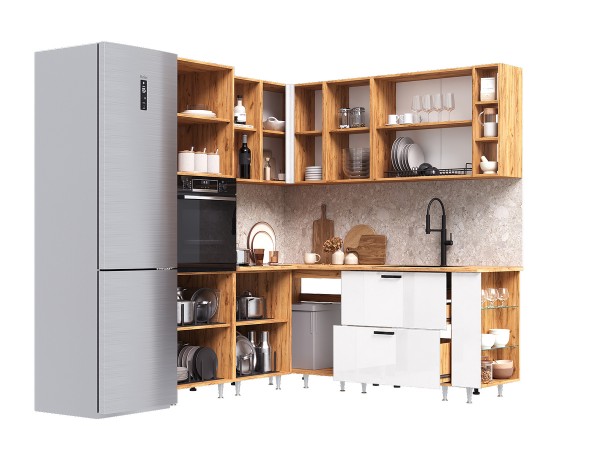ЛДСП Кухня Рио NEW 1,8х2,0м 490 исп.2 Компоновка №6 Белый глянец, Дуб Крафт, Дуб вотан