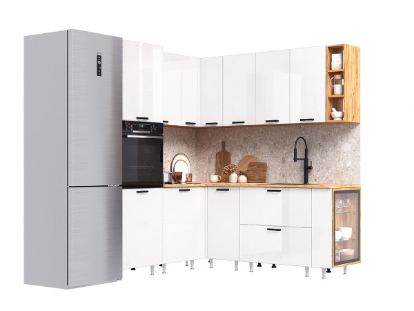 ЛДСП Кухня Рио NEW 1,8х2,0м 490 исп.2 Компоновка №6 Белый глянец, Дуб Крафт, Дуб вотан