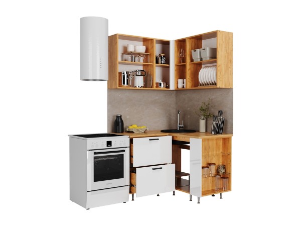 ЛДСП Кухня Рио NEW 1,2х1,2м 490 исп.2 Компоновка №6 Белый глянец, Дуб Крафт, Дуб вотан