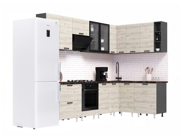 ЛДСП Кухня Рио NEW 2,8х1,6м 490 Компоновка №1 Дуб Крафт Белый, Графит, Кастилло темный