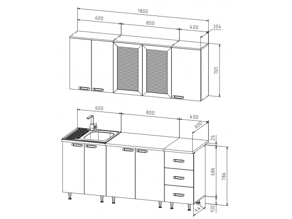 Кухня Катя 1,8м Ясень шимо светлый/Ясень шимо темный