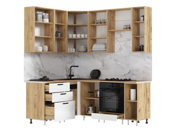 ЛДСП Кухня Рио NEW 1,6х2,0/900м 490 Компоновка №2 Белый глянец, Дуб Крафт, Дуб вотан