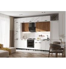Кухня Техно 3,0/1080м Компоновка №6 Экзотическое дерево Амазония/Мрамор белый, Белый, Антарес
