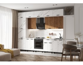 Кухня Техно 3,0/1080м Компоновка №6 Экзотическое дерево Амазония/Мрамор белый, Белый, Антарес