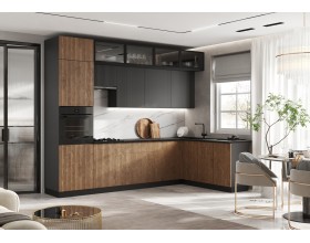 Кухня Оливия 3,0х1,8/1080м 490 Компоновка №4 Экзотическое дерево Амазония/Графит софт, Графит, Кастилло темный