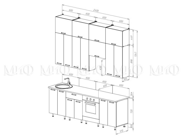 ЛДСП Кухня Рио NEW 2,4/1350м 490 Компоновка №3 Белый глянец, Дуб Крафт, Дуб вотан